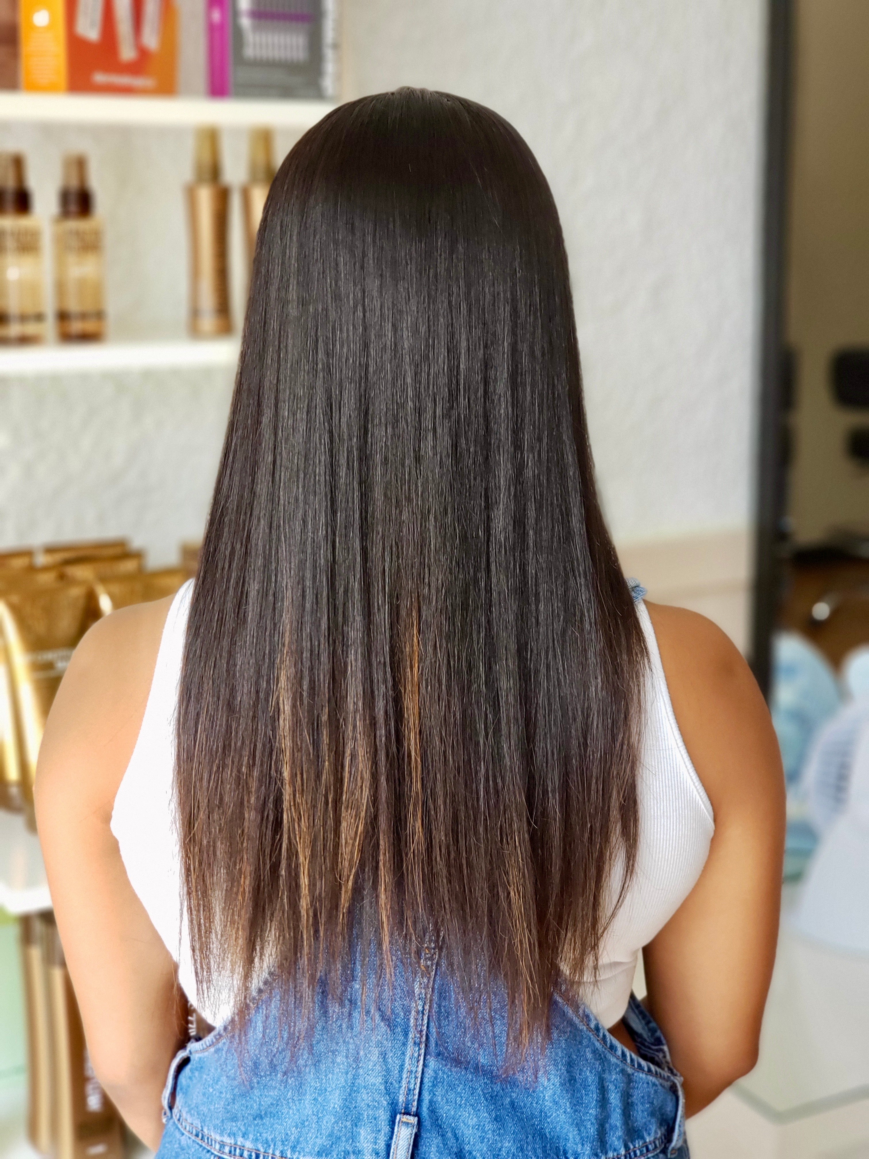 After keratin smoothing treatment — straight smooth hair at Brazilian Blowout Boston