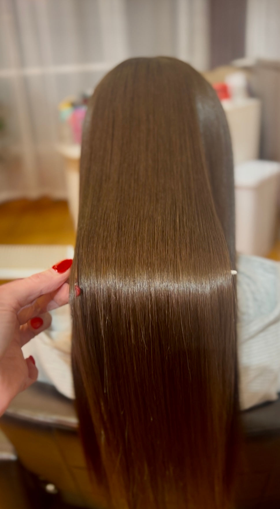 After smoothing treatment — defined smooth curls at Quincy MA salon