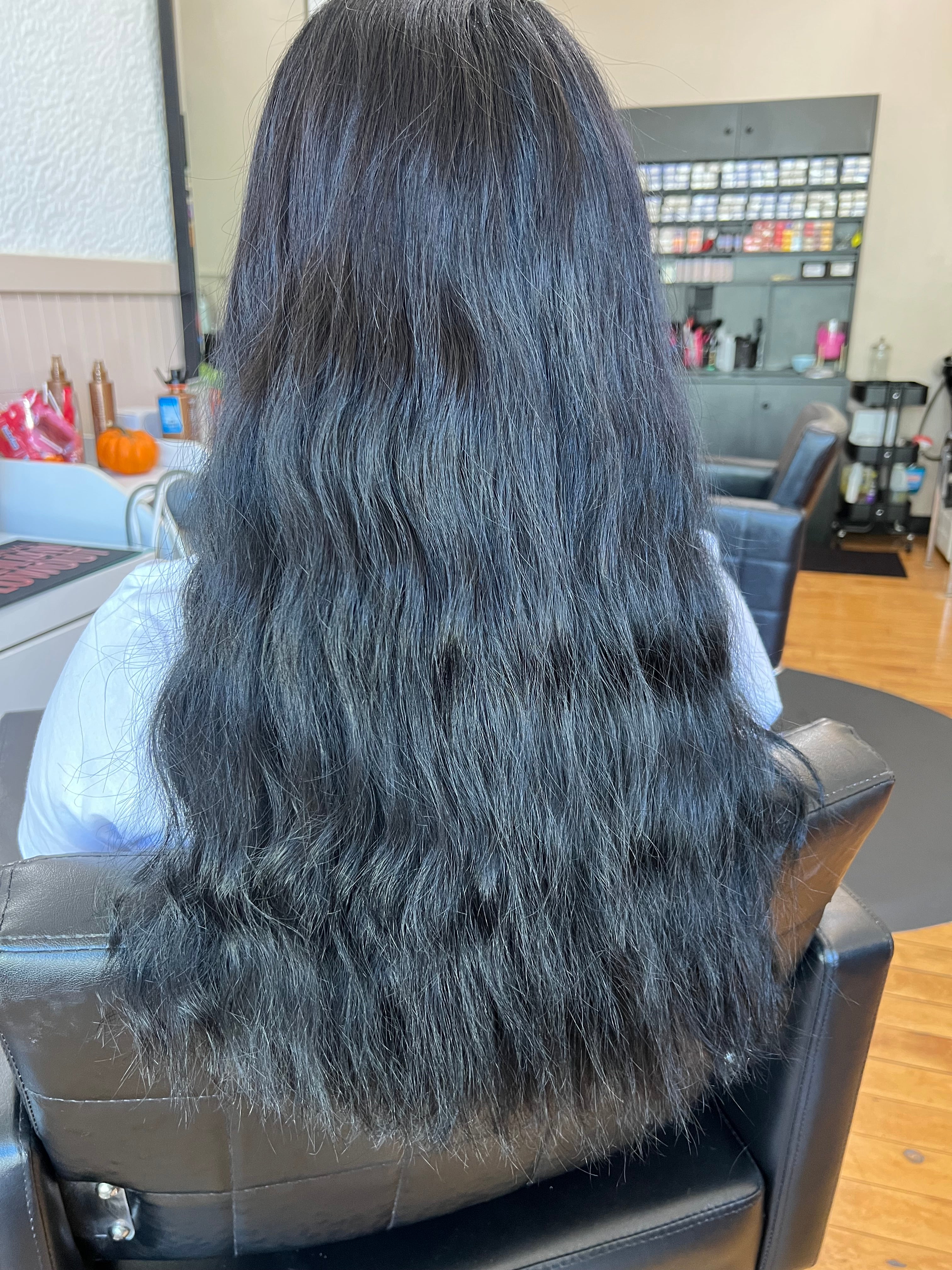 Before smoothing treatment — textured unruly hair in Quincy MA salon